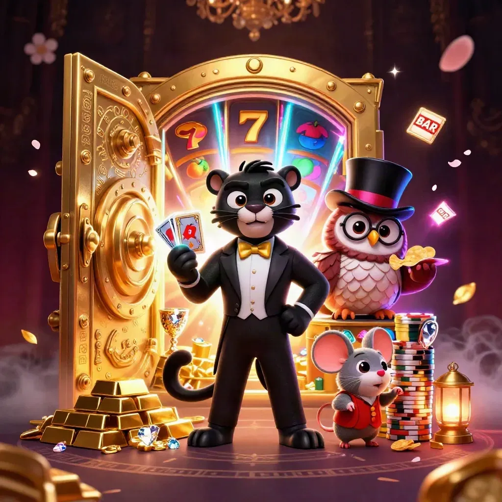 Panther, owl, and mouse casino heroes amid a glowing vault, chips, gems, and cosmic neon light.