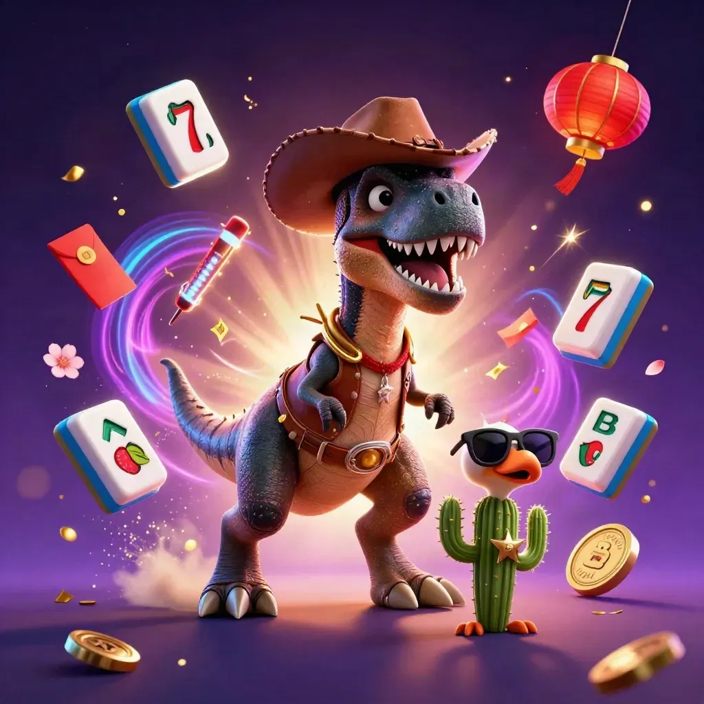 Cartoon T-Rex cowboy with cactus and roadrunner amid casino icons in neon space