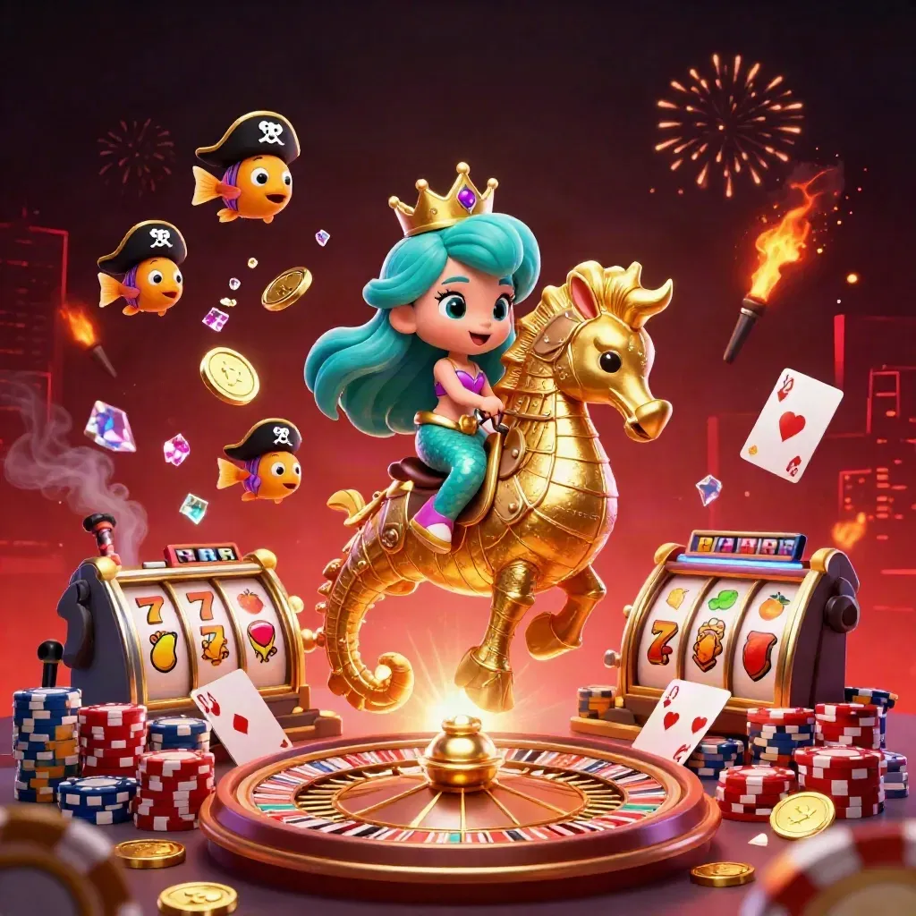 Mermaid princess on a golden seahorse amid coins, cards, chips, roulette, fireworks and pirate fish.