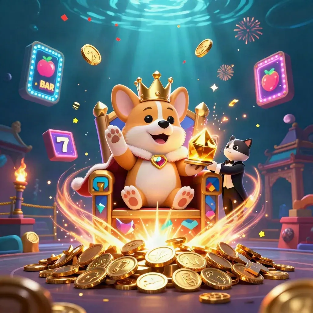 Royal corgi and cat butler amid coins, vault burst, fireworks, temple gate, and neon casino energy.
