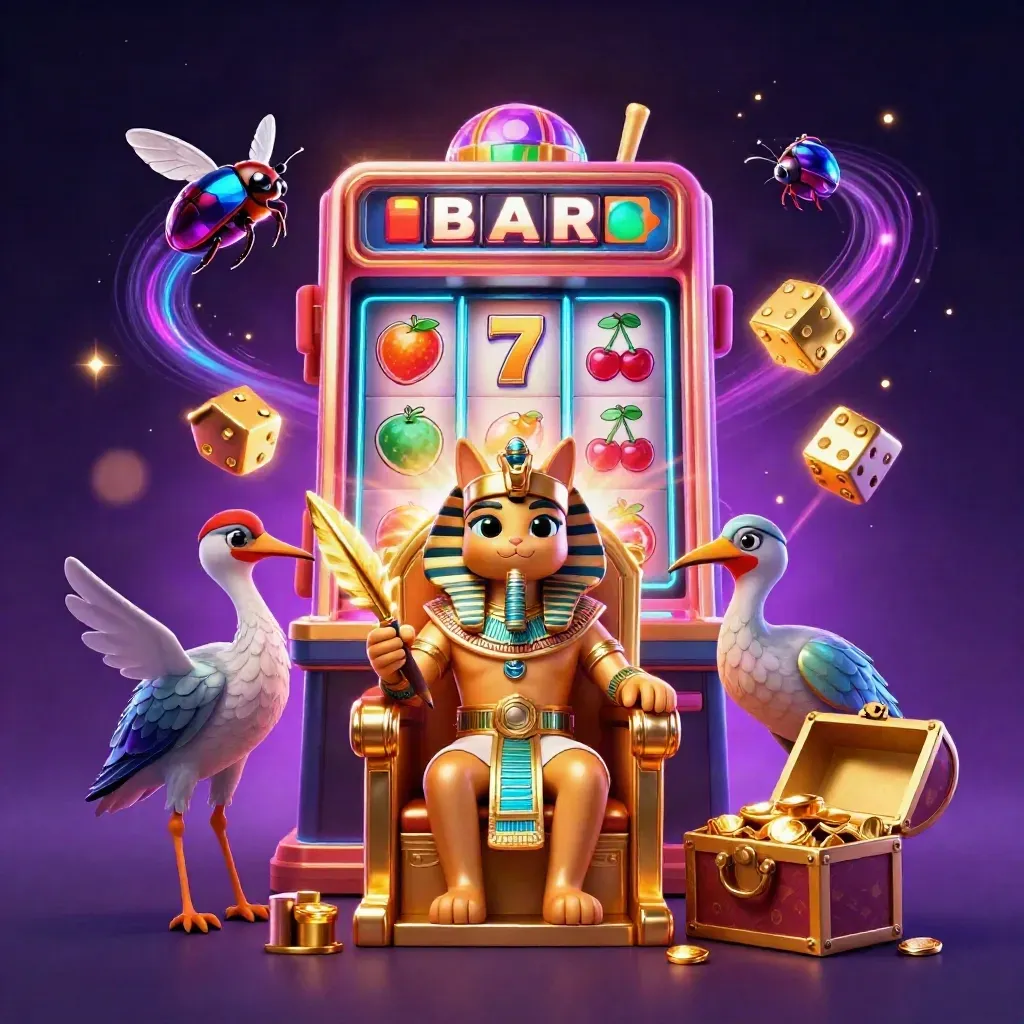 Pharaoh cat, ibis scribe, and gem scarabs amid slot machine jackpot bursts in cosmic neon.