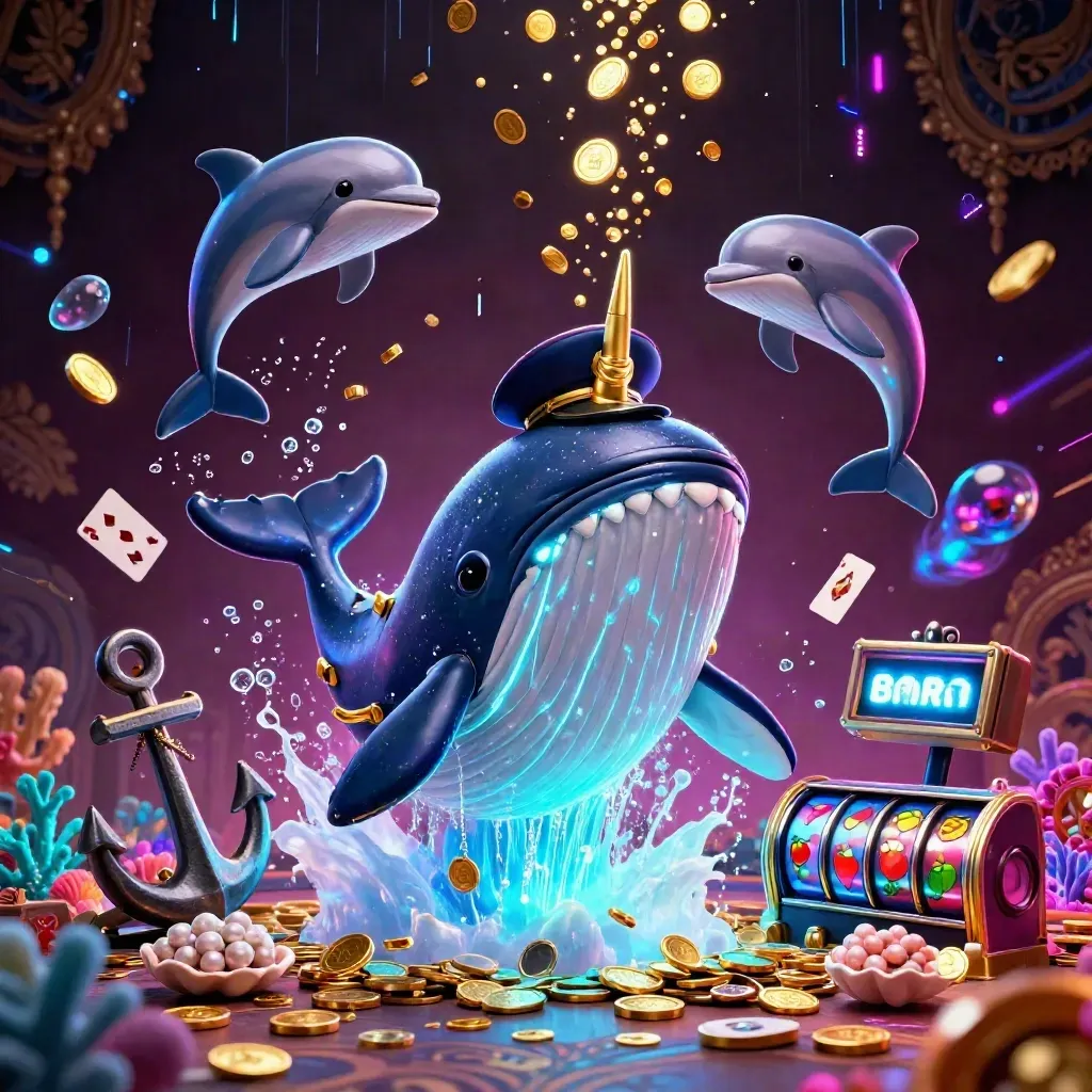 Neon whale captain, narwhal, and dolphins burst through coins in a cosmic casino scene