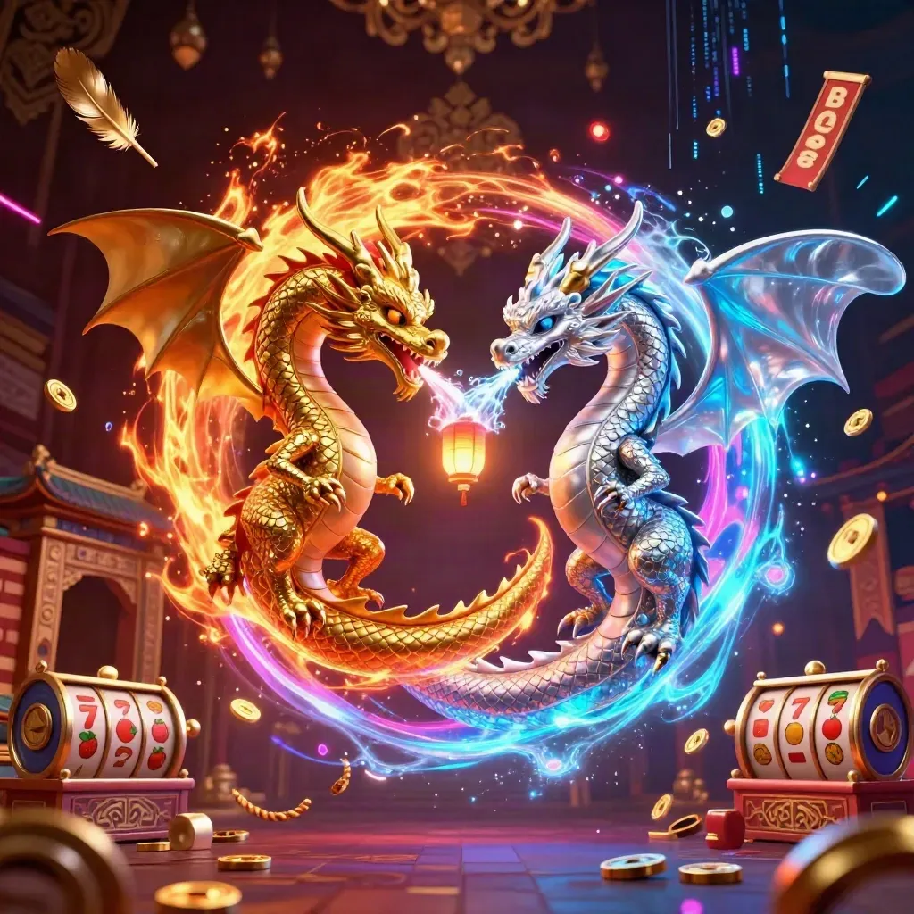 Twin gold and silver dragons spiral around a lantern spirit with casino sparks and glowing reels