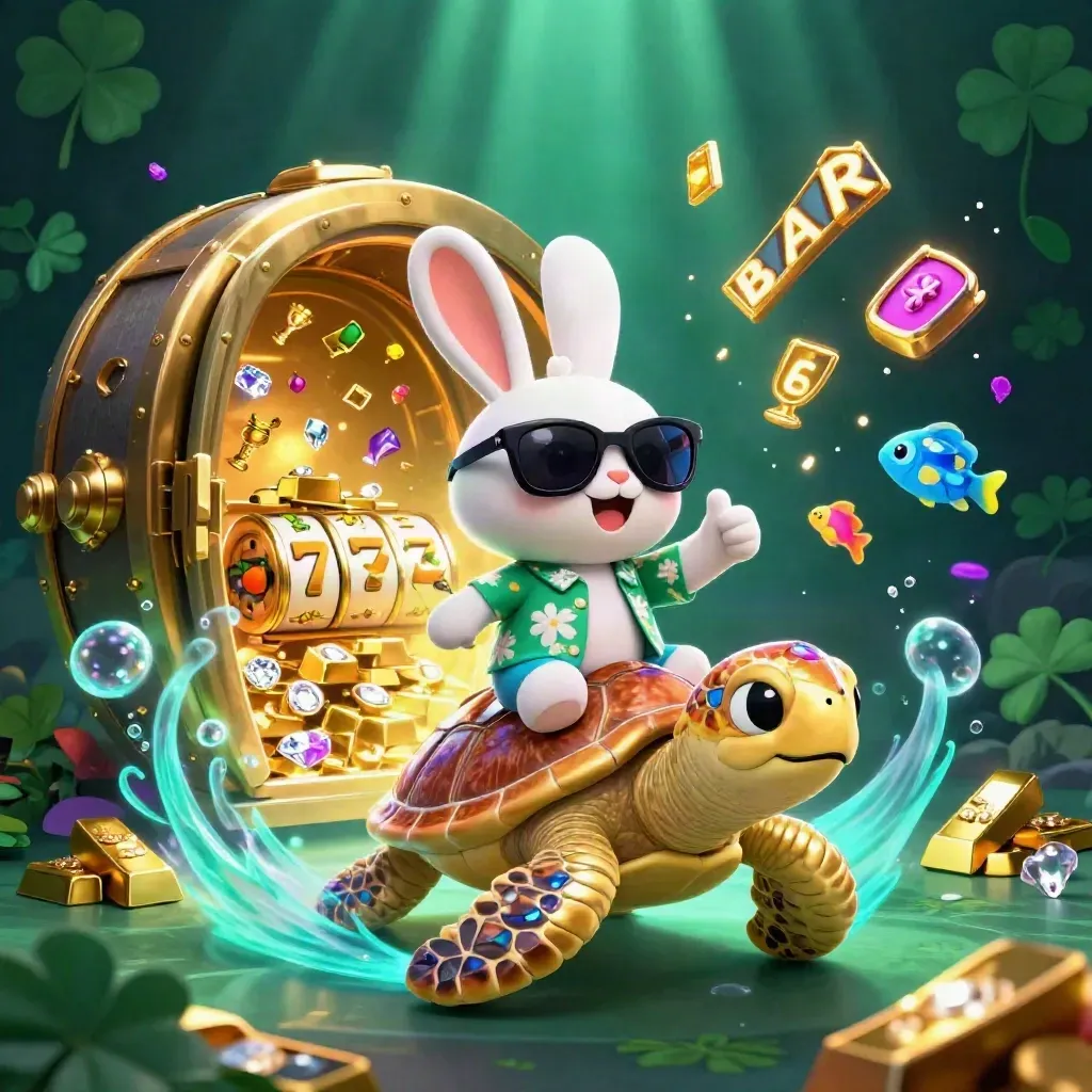 Lucky rabbit rides a jeweled sea turtle through gold, gems, and neon casino treasure.