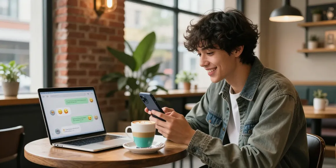 Engaging in ai sex chat on smartphone at urban cafe, showcasing interaction with AI character.
