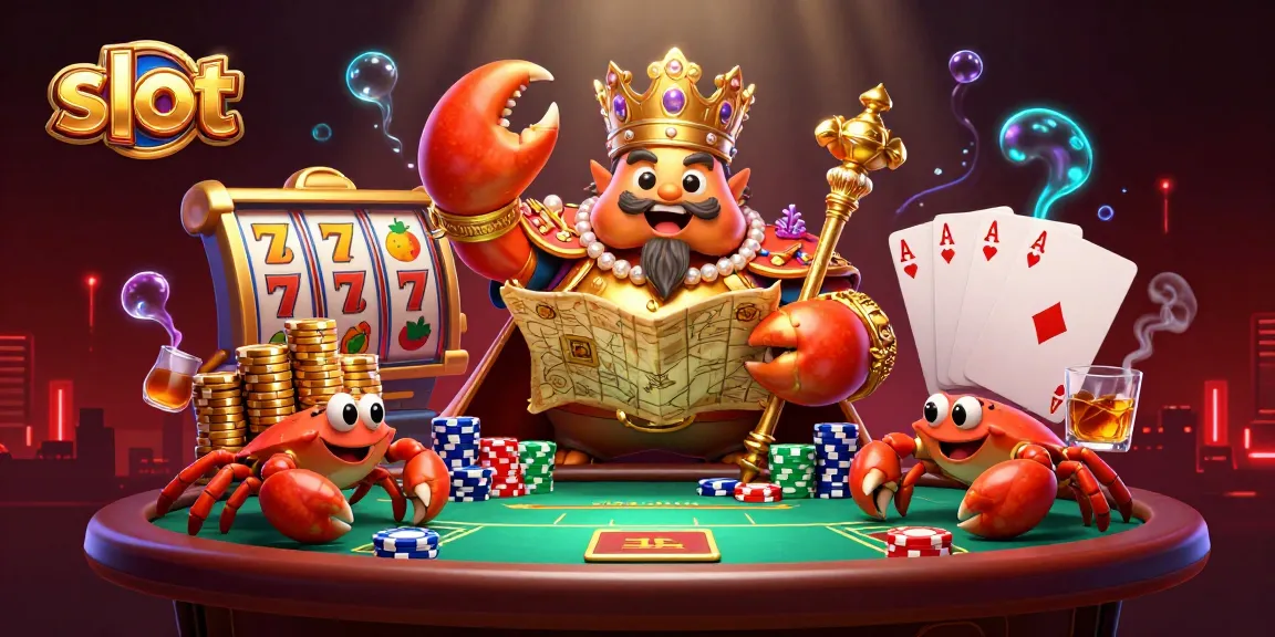 Slot menghidupkan suasana kasino dengan kepiting emas dan elemen permainan menarik.