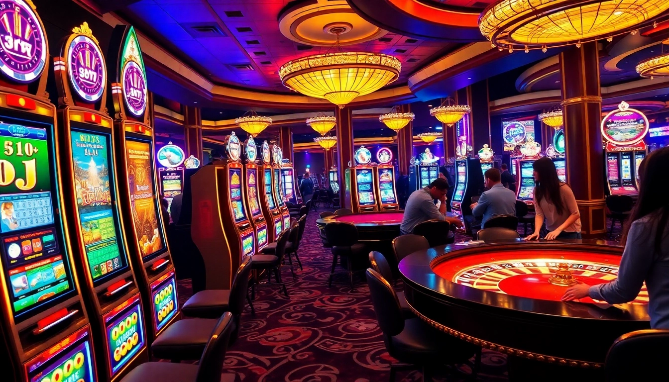 Players enjoying slot gacor machines amidst vibrant casino ambiance with poker chips and cards.