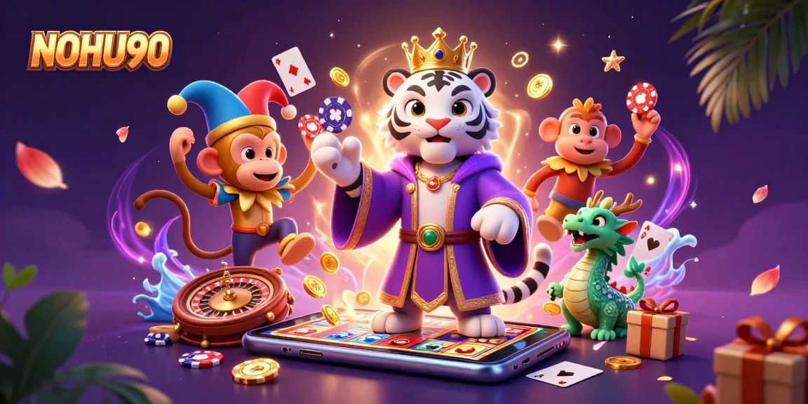 Experience the excitement of NOHU90 with a vibrant casino illustration featuring a white tiger, monkey, and dragon.