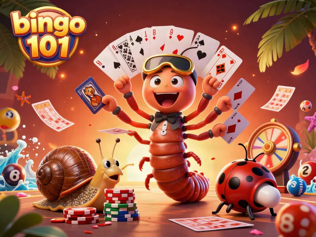 Bingo 101 showcase with a whimsical millipede dealer and colorful gaming elements creating excitement.