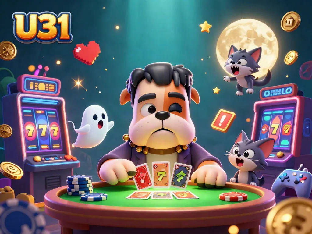 Engaging U31 gaming illustration showcasing a Frankenstein bulldog dealer with vibrant casino elements.