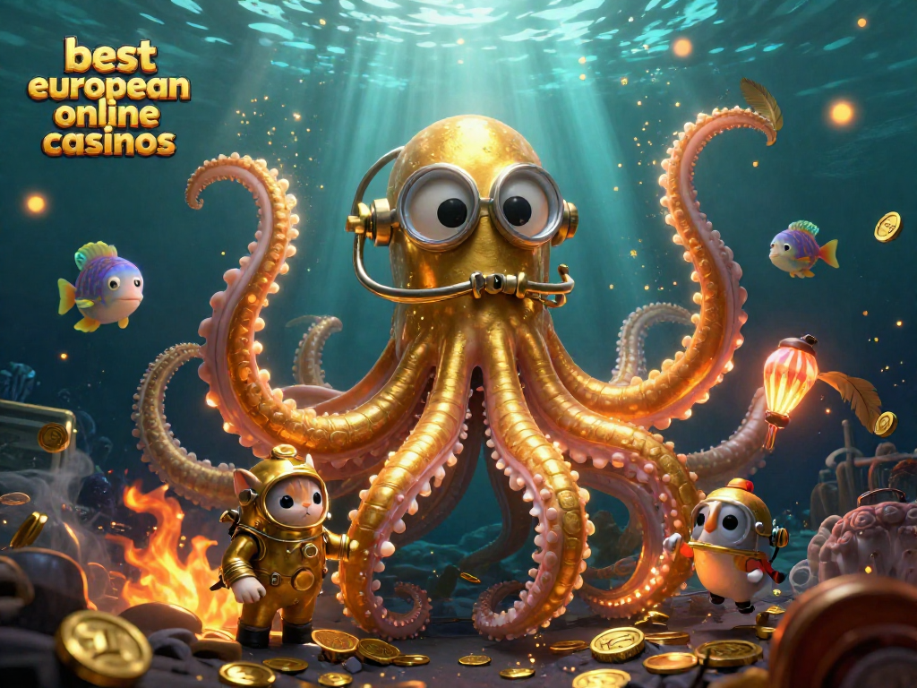 Experience the excitement of the best european online casinos with a dazzling, whimsical underwater scene featuring a kraken and diving cat.