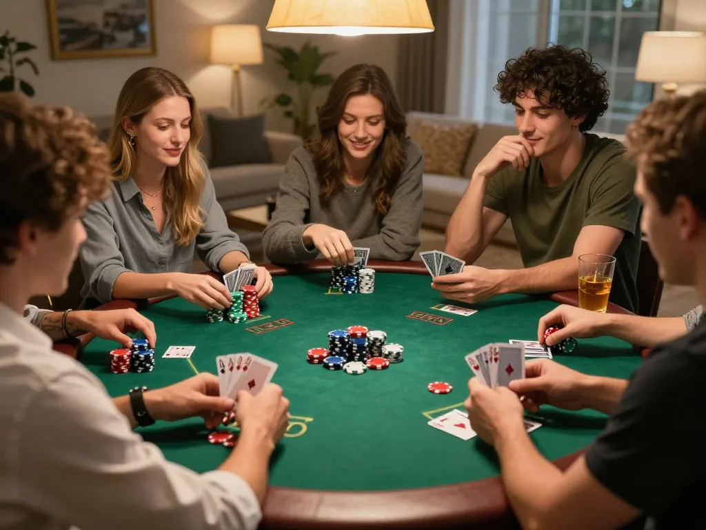 Friends enjoying a competitive poker night, with HIT CLUB cards and chips displayed, bringing excitement to the game.
