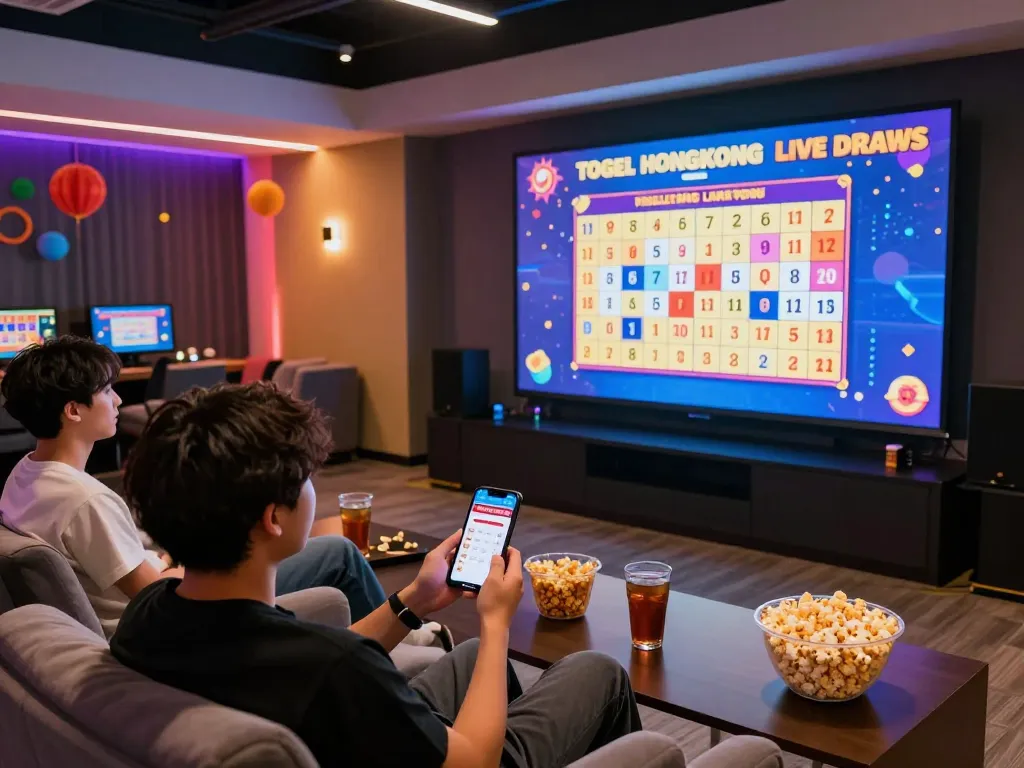 Engaged user following togel hongkong live draw on smartphone during a vibrant gaming night