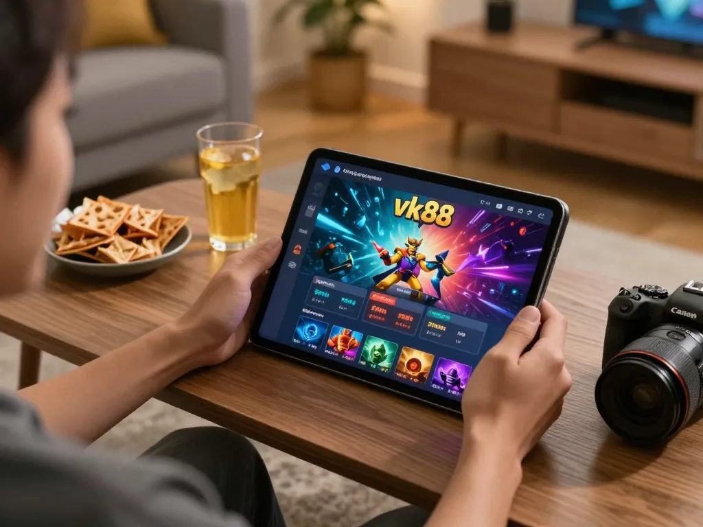 Cổng game Vk88 showcasing a user-friendly online gaming experience in a cozy home setting.