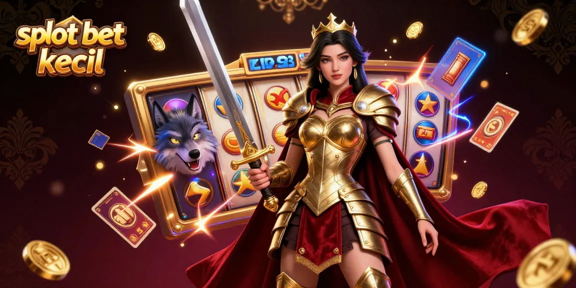 Engage with slot bet kecil action featuring a striking female warrior holding a sword, dynamic slot reels, and coins.