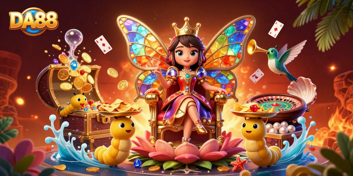 Experience DA88's vibrant Live Casino scene with a colorful butterfly queen and gaming elements.