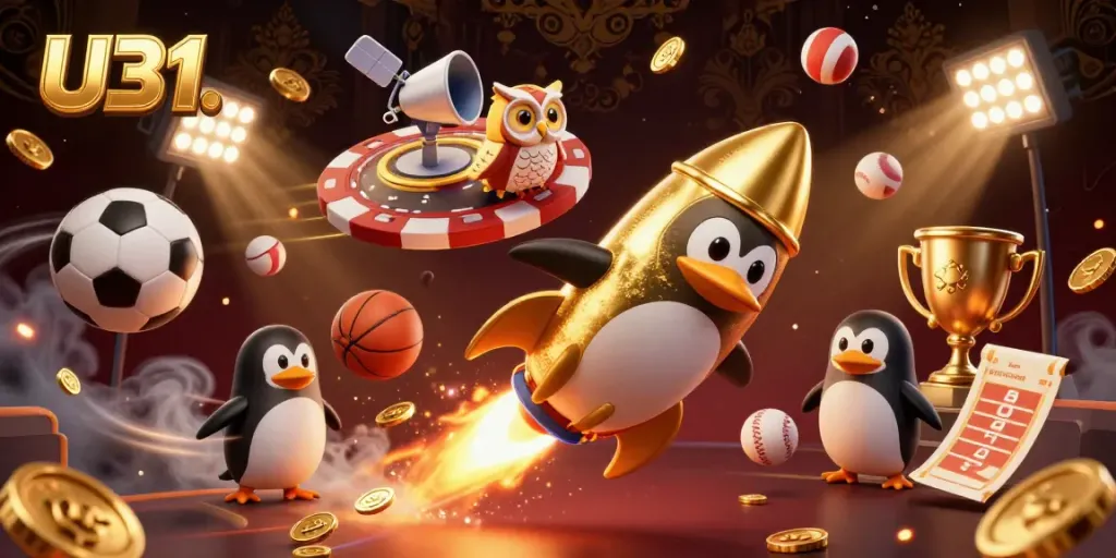 Experience the U31 casino adventure with a penguin rocket and vibrant sports elements in this 3D illustration.