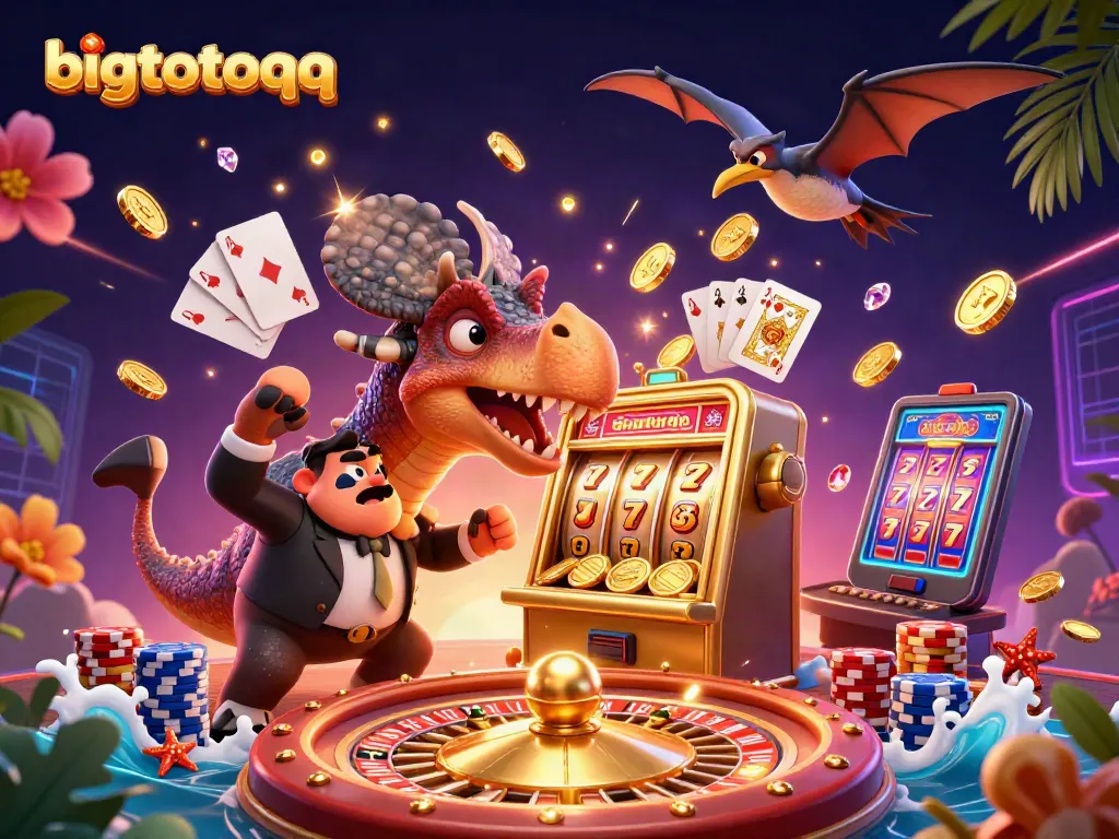 Bigtotoqq showcases a vibrant casino scene with dynamic characters and golden jackpot coins.