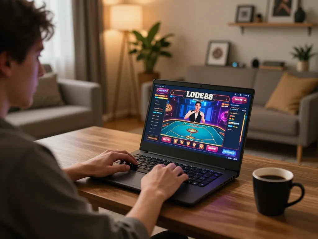 Person enjoying online gaming at LODE88 on a laptop in a cozy home setting
