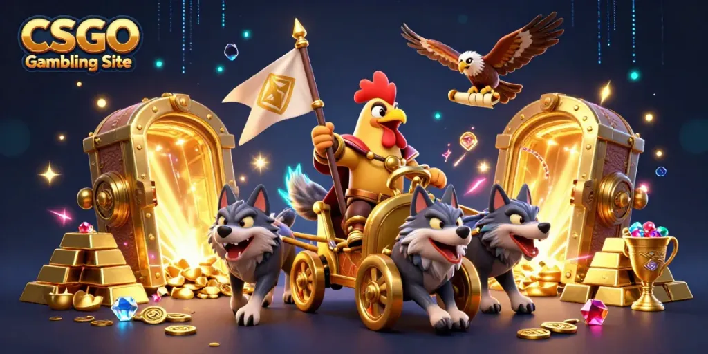 Experience thrilling action with the CSGO Gambling Site featuring a dynamic illustration of a rooster warlord.