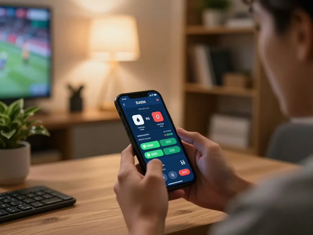 Engagement with live betting odds on BK33 smartphone in a cozy home environment.