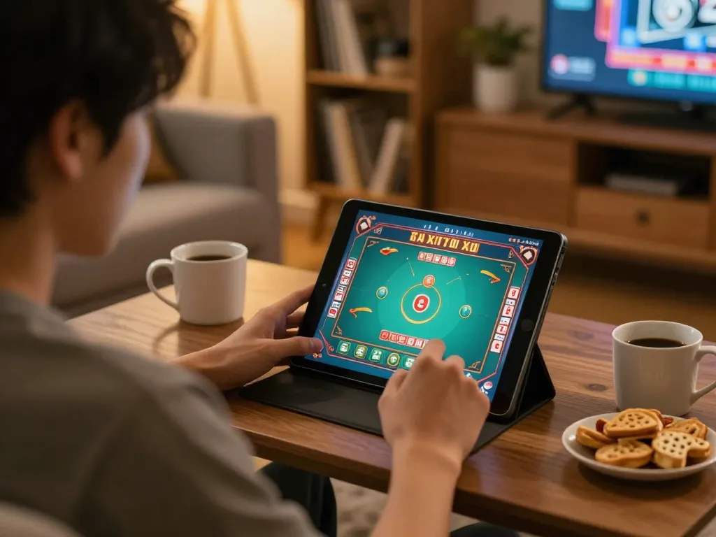 Engaging in tai xiu online gaming on a tablet in a cozy living room.