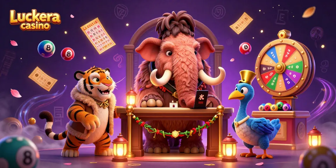 Experience the excitement at Luckera casino with a vibrant 3D illustration featuring a woolly mammoth bouncer, saber-tooth tiger guest, and dodo doorman.