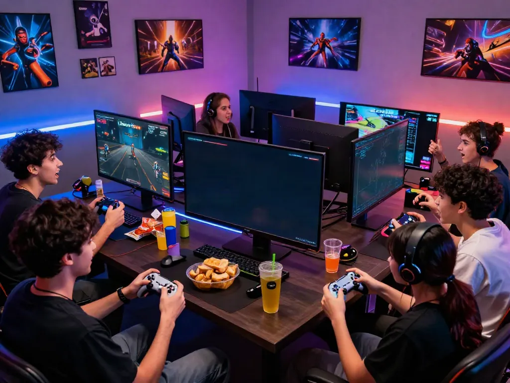Engaged group of friends enjoying Unsurtoto in a vibrant gaming room filled with colorful LED lights and gaming memorabilia.