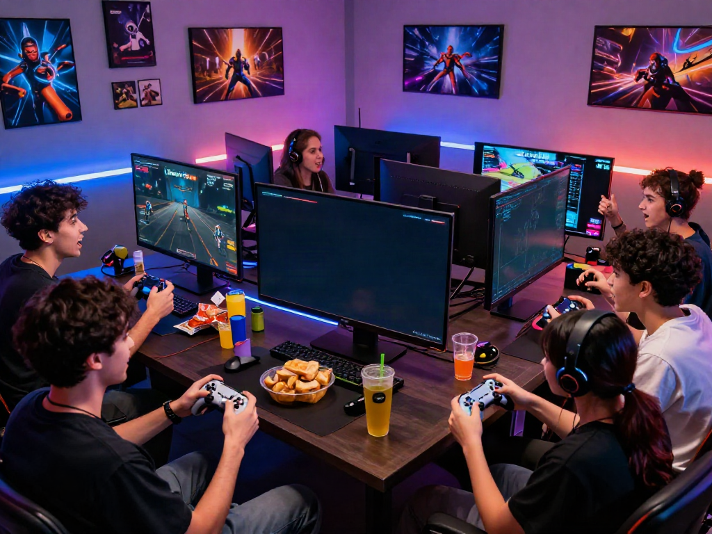 Engaged group of friends enjoying Unsurtoto in a vibrant gaming room filled with colorful LED lights and gaming memorabilia.