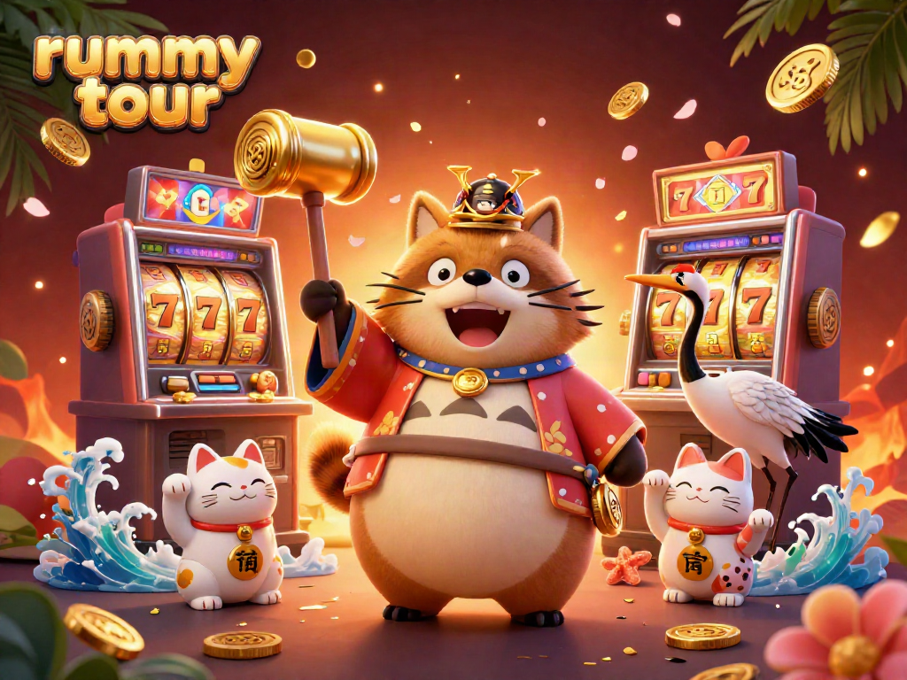 Rummy tour saat kemenangan dengan rani dan kucing keberuntungan di latar bertema permainan slot.