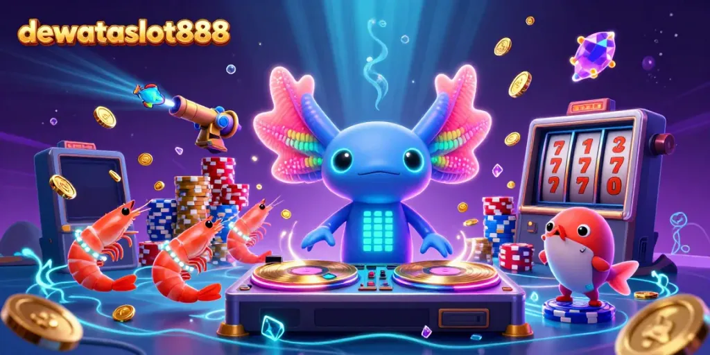 Menyaksikan permainan di dewataslot888 dengan DJ axolotl neon dan koin emas berhamburan
