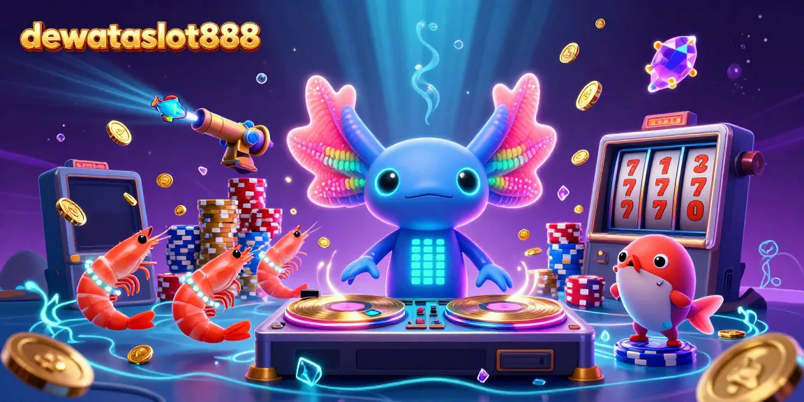 Menyaksikan permainan di dewataslot888 dengan DJ axolotl neon dan koin emas berhamburan