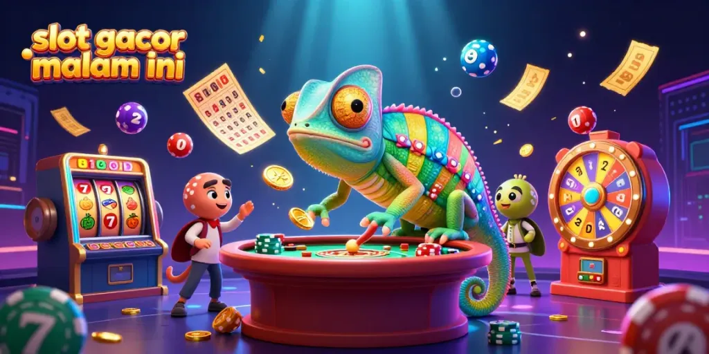 Ilustrasi kasino 3D dengan chameleon pemilik berwarna-warni, permainan slot, dan elemen keberuntungan lainnya, melambangkan slot gacor malam ini.