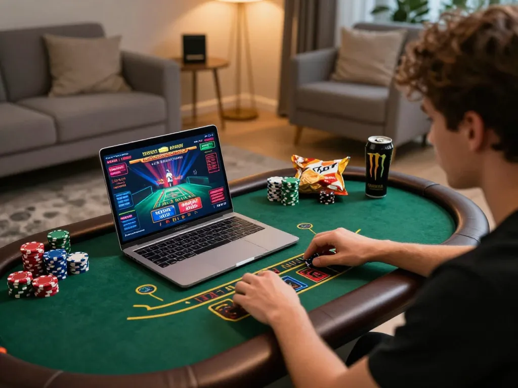Engaging in live dealer blackjack gameplay at home, showcasing MMOO's online experience.