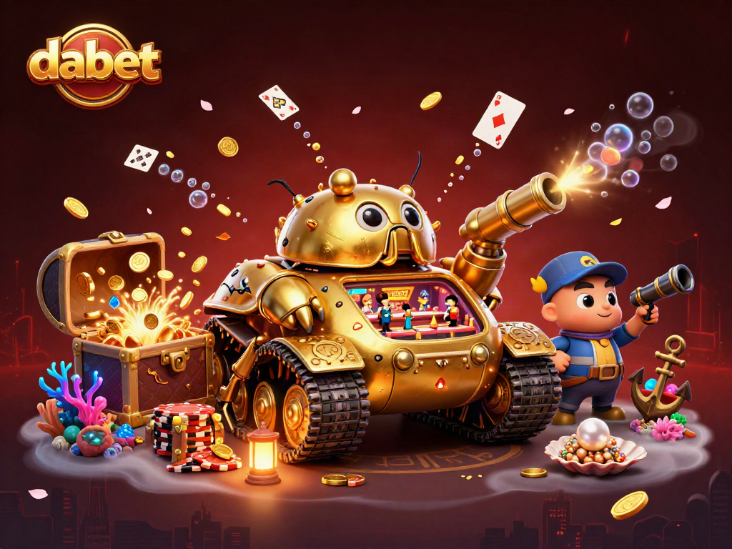 Chơi dabet với hình ảnh một chiếc xe tăng vàng khổng lồ mang casino thu nhỏ và kho báu dưới nước