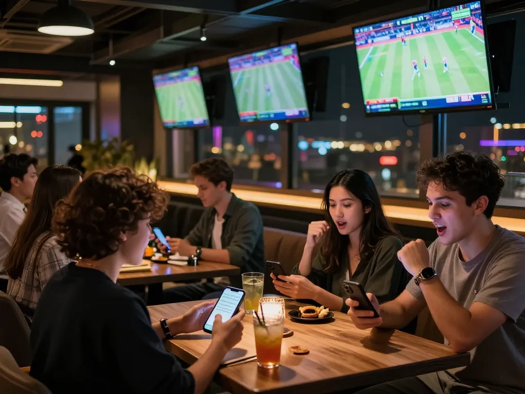 Excited patrons engaging in sports betting at a stylish bar while enjoying the game at vua88com.