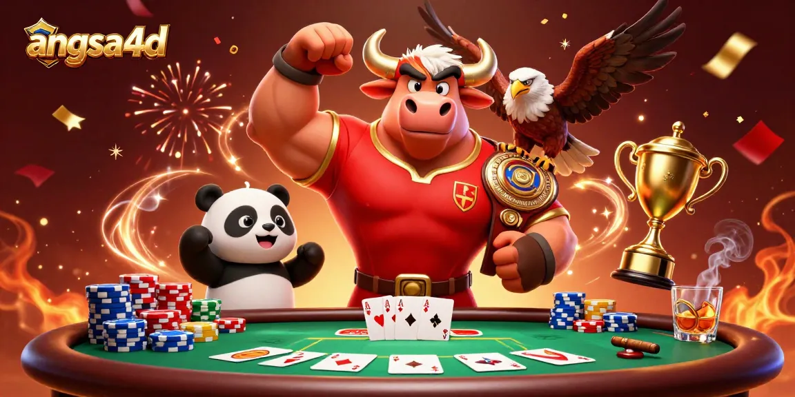 Win big with angsa4d as the bull mascot celebrates alongside characters at a vibrant casino.