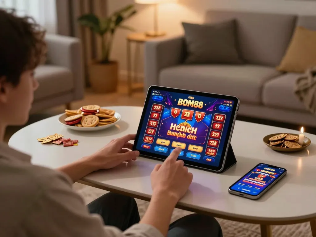 BOM88 player engaging with online casino game on a tablet in a cozy home setting, showcasing responsible gambling.