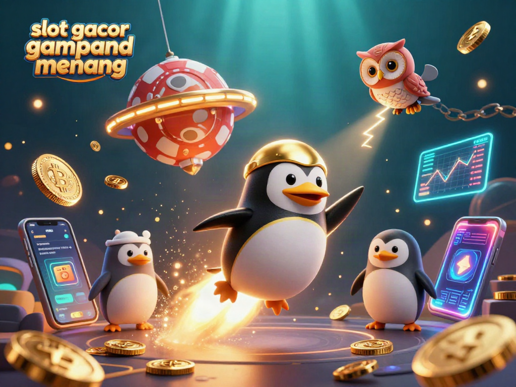 Experience slot gacor gampang menang with a vivid 3D illustration of a penguin in space, casino themes.