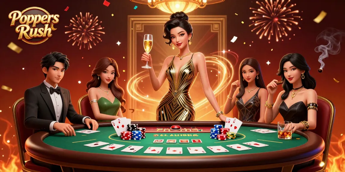 Poppers Rush captivates with vibrant casino energy, showcasing an elegant dealer and dynamic poker play.