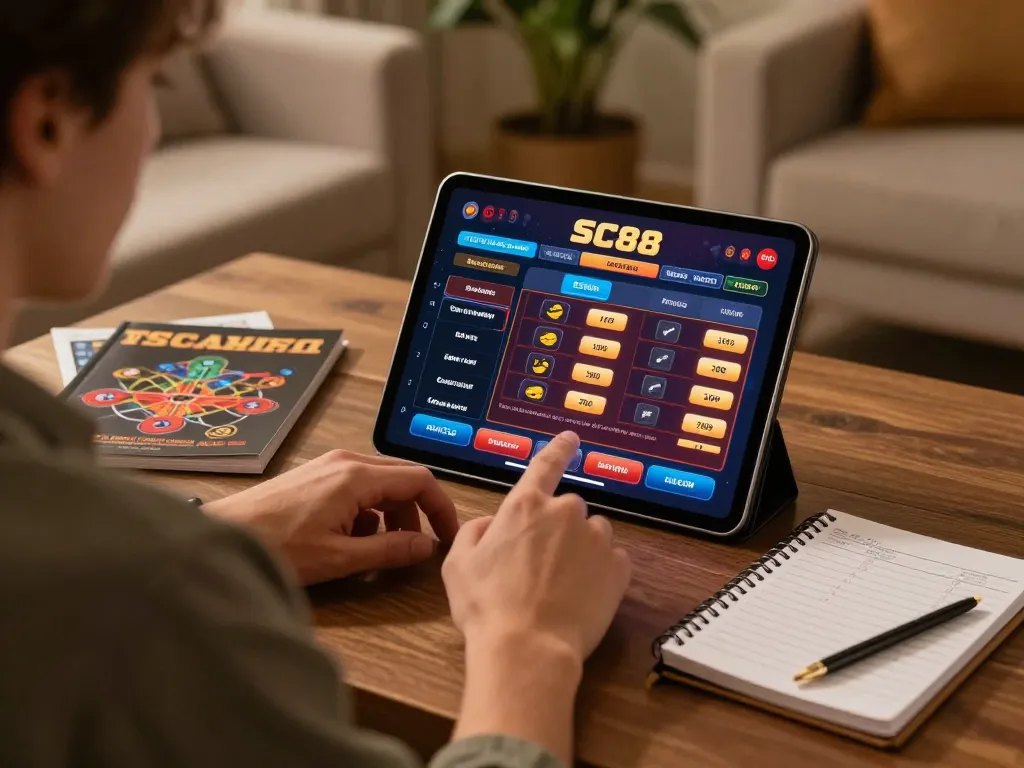 Player engaged in SC88 online casino gameplay with strategy notes visible, showcasing responsible gambling.