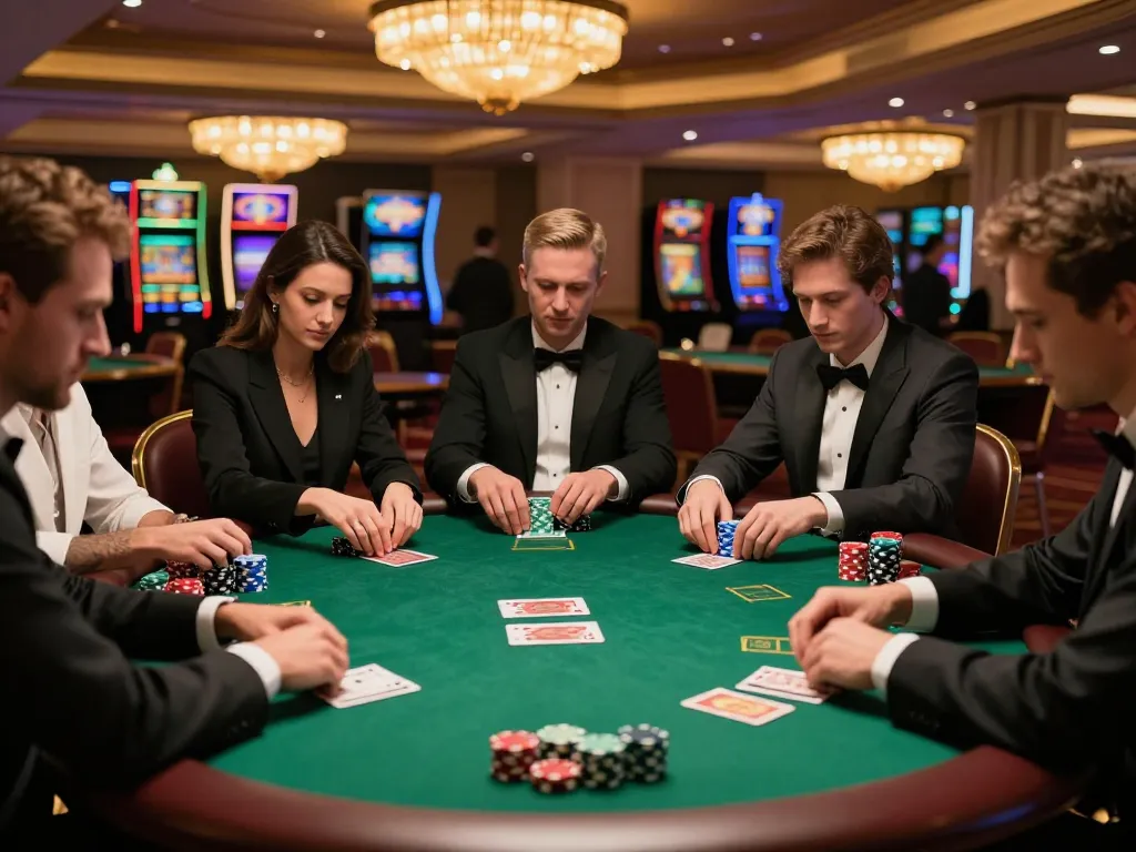 F168 poker game in upscale casino with players analyzing cards and vibrant chips.