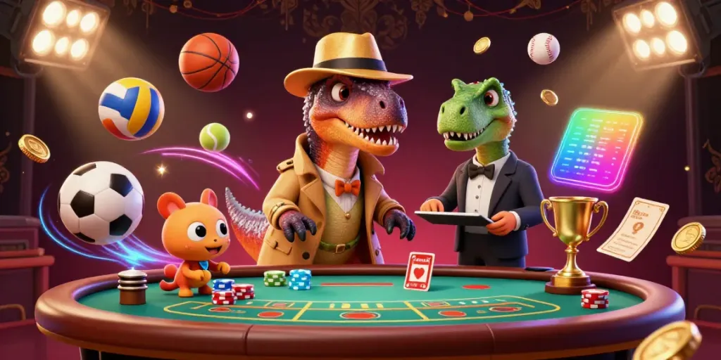 Engage with vibrant games at solana casino featuring cartoon velociraptor card counter and dynamic elements.