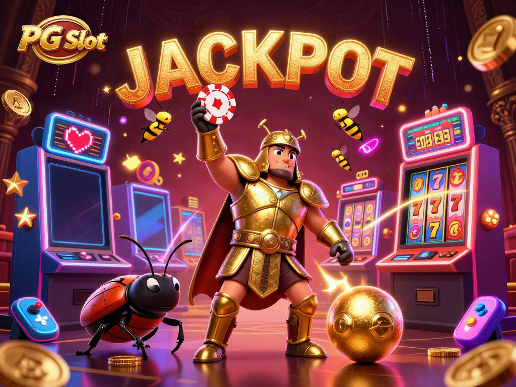 Experience the excitement of PG Slot with a heroic illustration featuring giant beetles in a vibrant casino atmosphere.