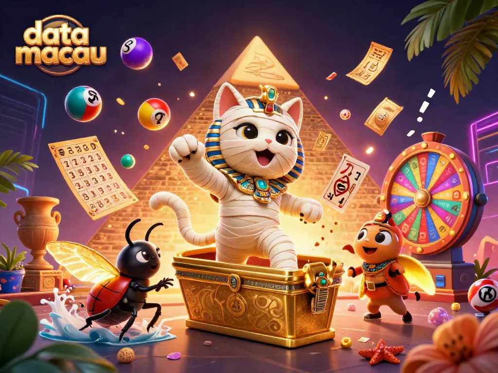 Menangkap momen seru dengan data Macau yang menampilkan kucing mummy dan elemen permainan berkilau.