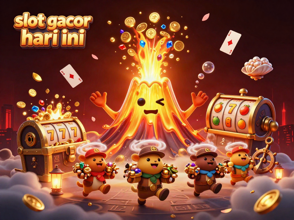 Gambar slot gacor hari ini menampilkan erupsi gunung berapi emas dengan binatang penjelajah, simbol buah, dan banyak koin yang melimpah.