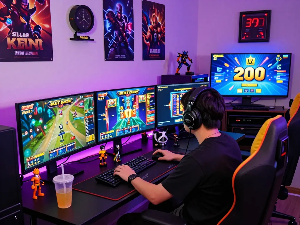Exciting SLOT GACOR gaming scene with player at desk, multiple monitors, and vibrant atmosphere.