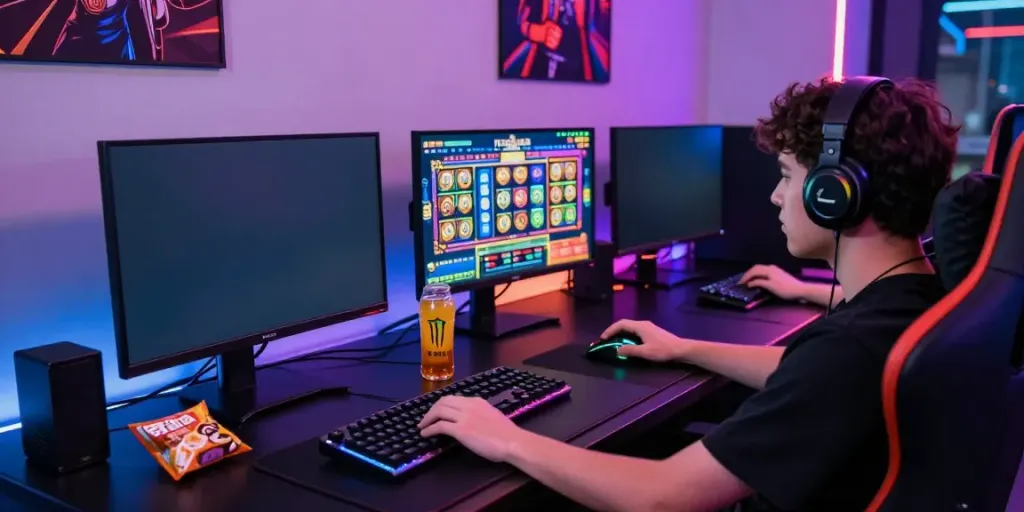 Engaged player enjoying SLOT TOTO gaming experience with multiple screens and colorful visuals.