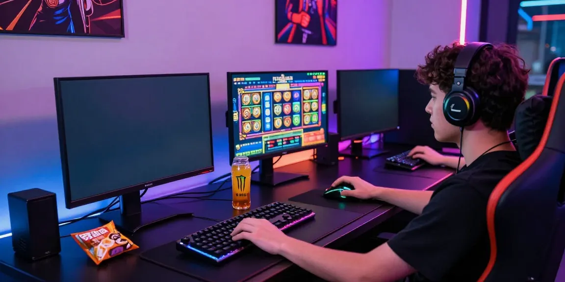 Engaged player enjoying SLOT TOTO gaming experience with multiple screens and colorful visuals.