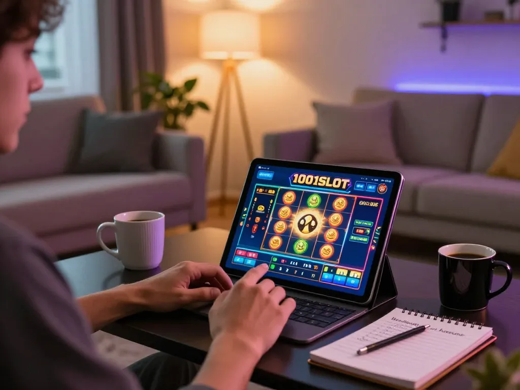 Player enjoying an exciting session on 1001SLOT app in a cozy living room environment, showcasing responsible gambling.